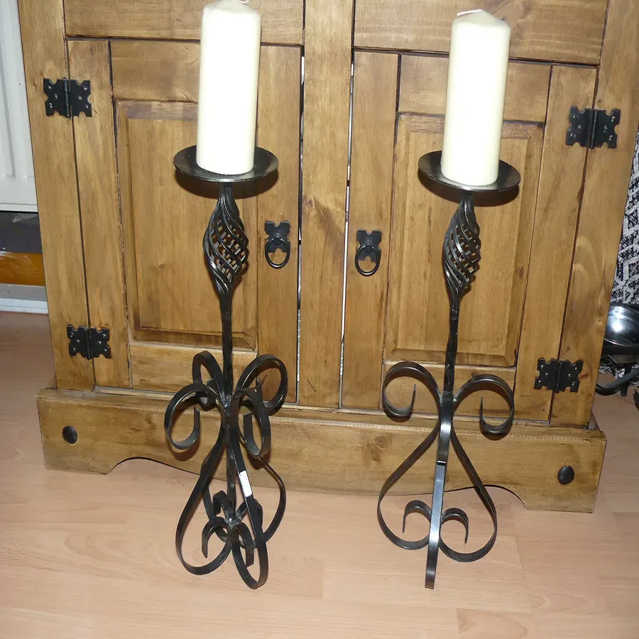Wrought iron hand crafted pair of 18in tall scroll candle sticks Wimborne wrought iron works