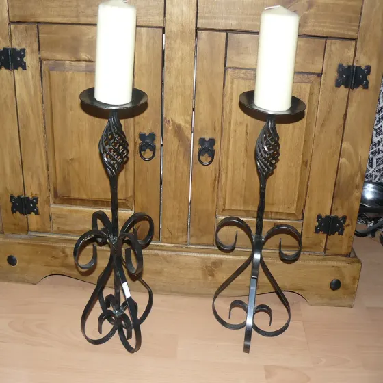 Wrought iron hand crafted pair of 18in tall scroll candle sticks Wimborne wrought iron works