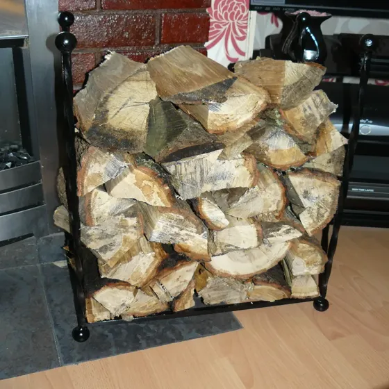 Log basket holder fireside pole wood storage