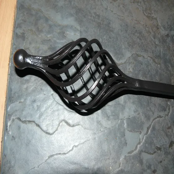 Toasting fork handmade wrought iron metal with basket handle topped