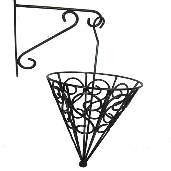 Wrought iron cone hanging basket with bracket Wimborne wrought iron works